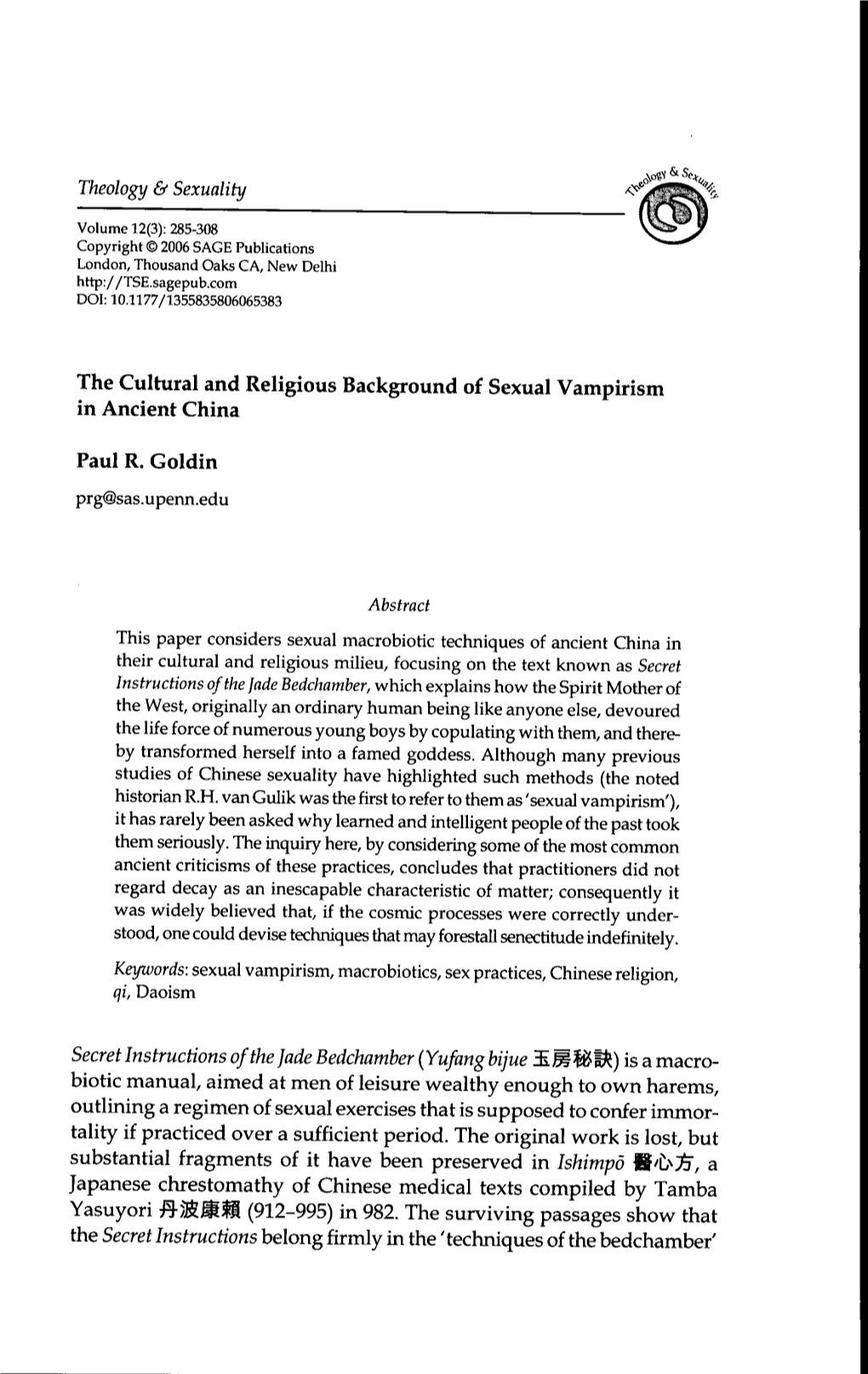 The Cultural and Religious Background of Sexual Vampirism in Ancient China