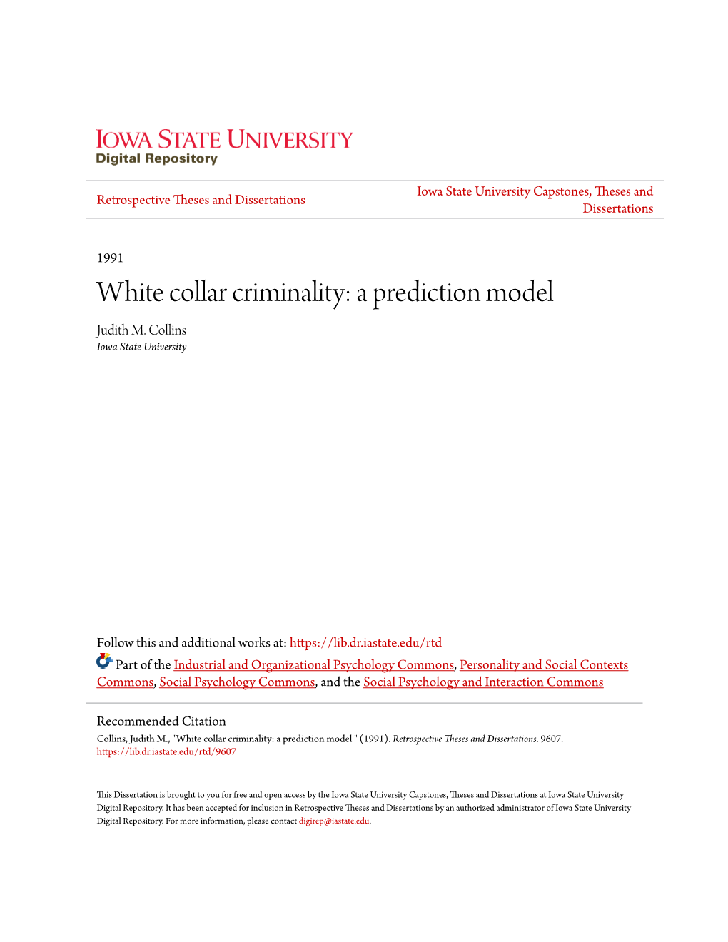 White Collar Criminality: a Prediction Model Judith M