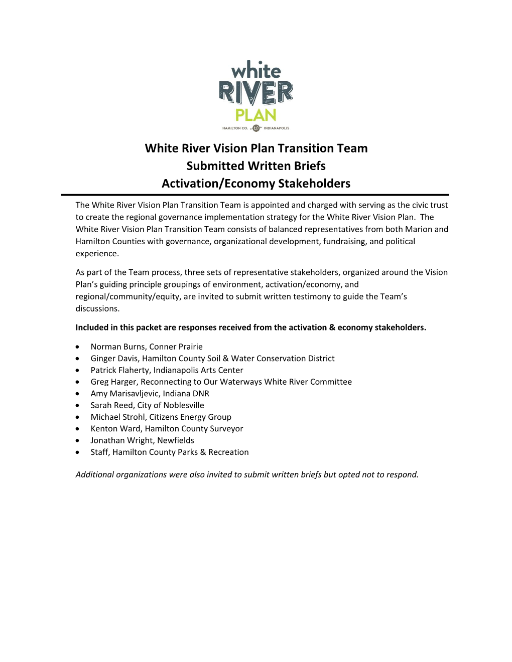 White River Vision Plan Transition Team Submitted Written Briefs Activation/Economy Stakeholders