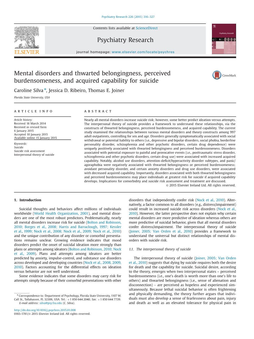 Mental Disorders and Thwarted Belongingness, Perceived Burdensomeness, and Acquired Capability for Suicide