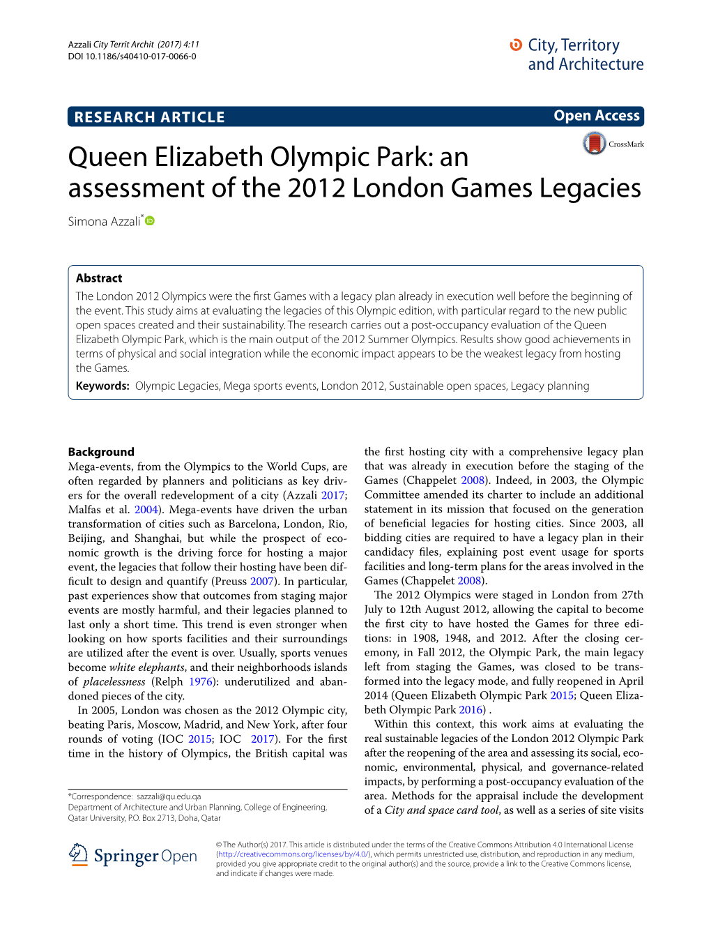 Queen Elizabeth Olympic Park: an Assessment of the 2012 London Games Legacies Simona Azzali*