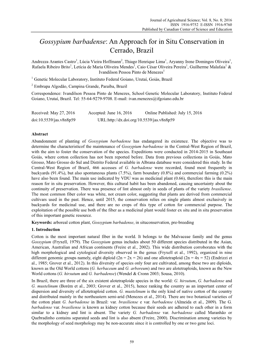 Gossypium Barbadense: an Approach for in Situ Conservation in Cerrado, Brazil