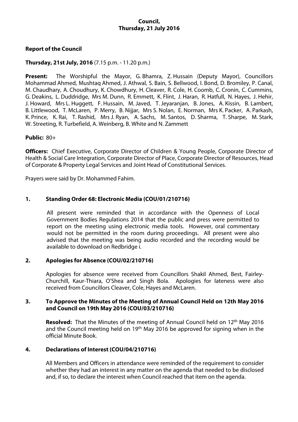 Minutes Document for Council, 21/07/2016 19:15