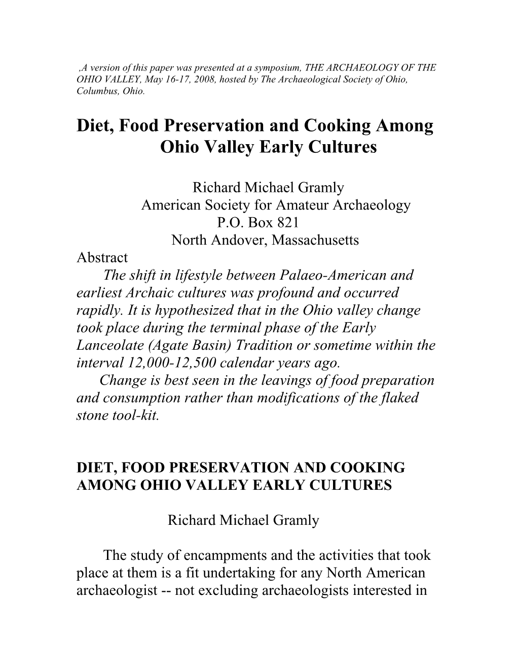 Diet, Food Preservation and Cooking Among Ohio Valley Early Cultures