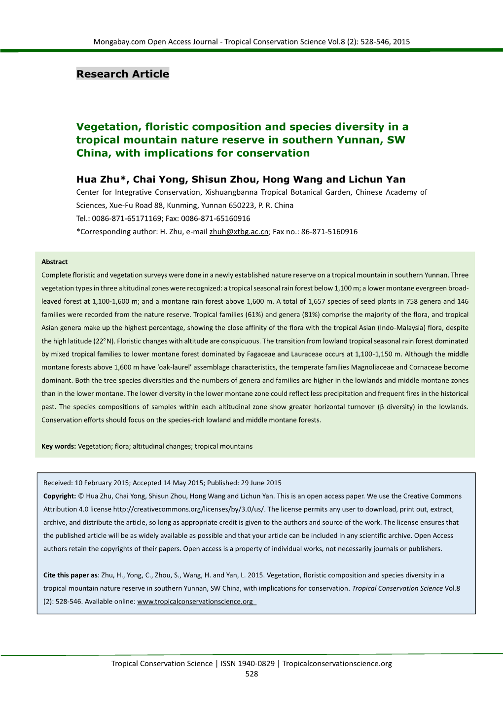 Vegetation, Floristic Composition and Species Diversity in a Tropical Mountain Nature Reserve in Southern Yunnan, SW China, with Implications for Conservation