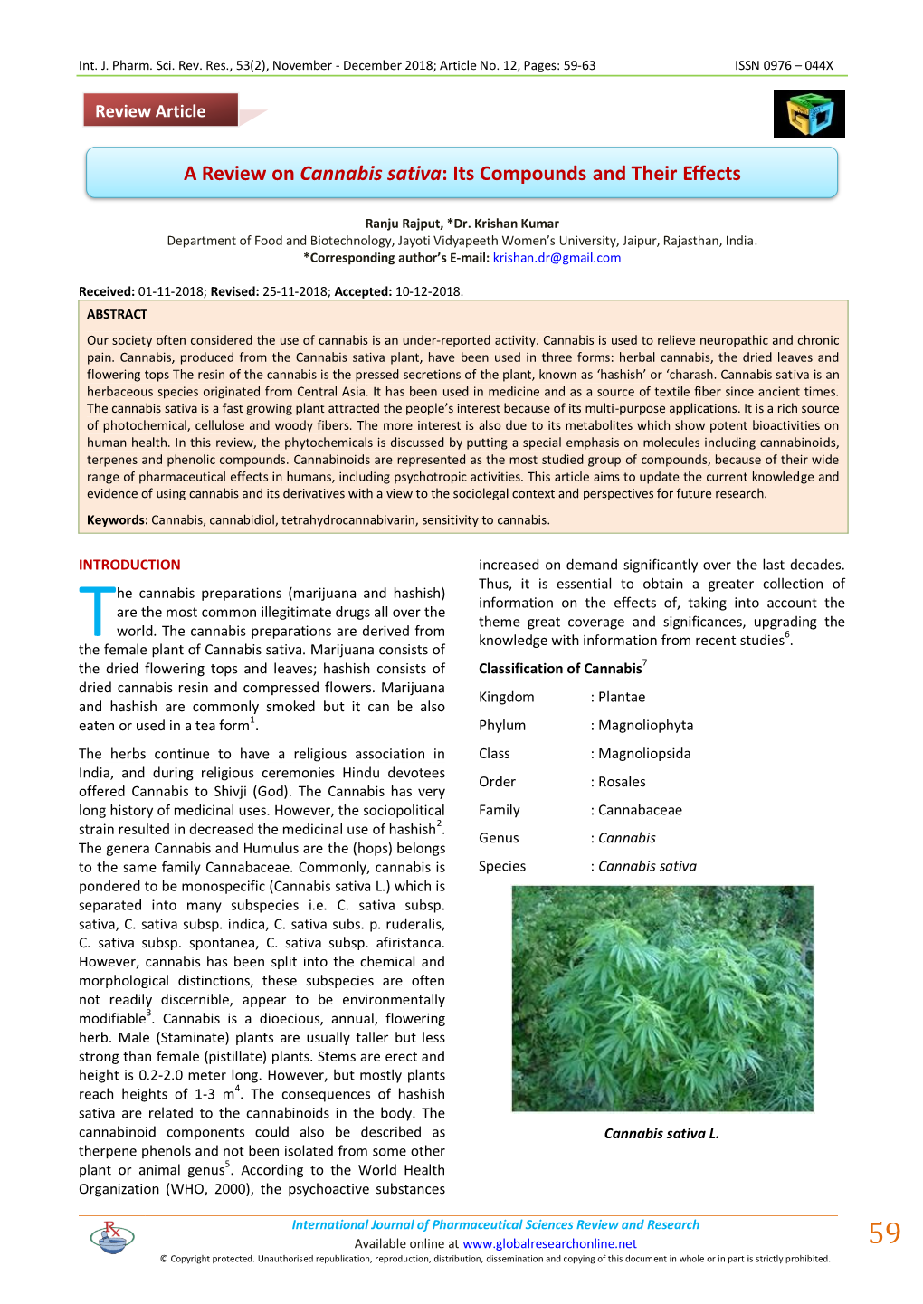 A Review on Cannabis Sativa: Its Compounds and Their Effects