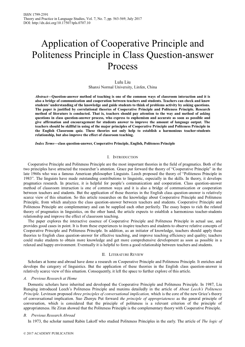 Application of Cooperative Principle and Politeness Principle in Class Question-Answer Process