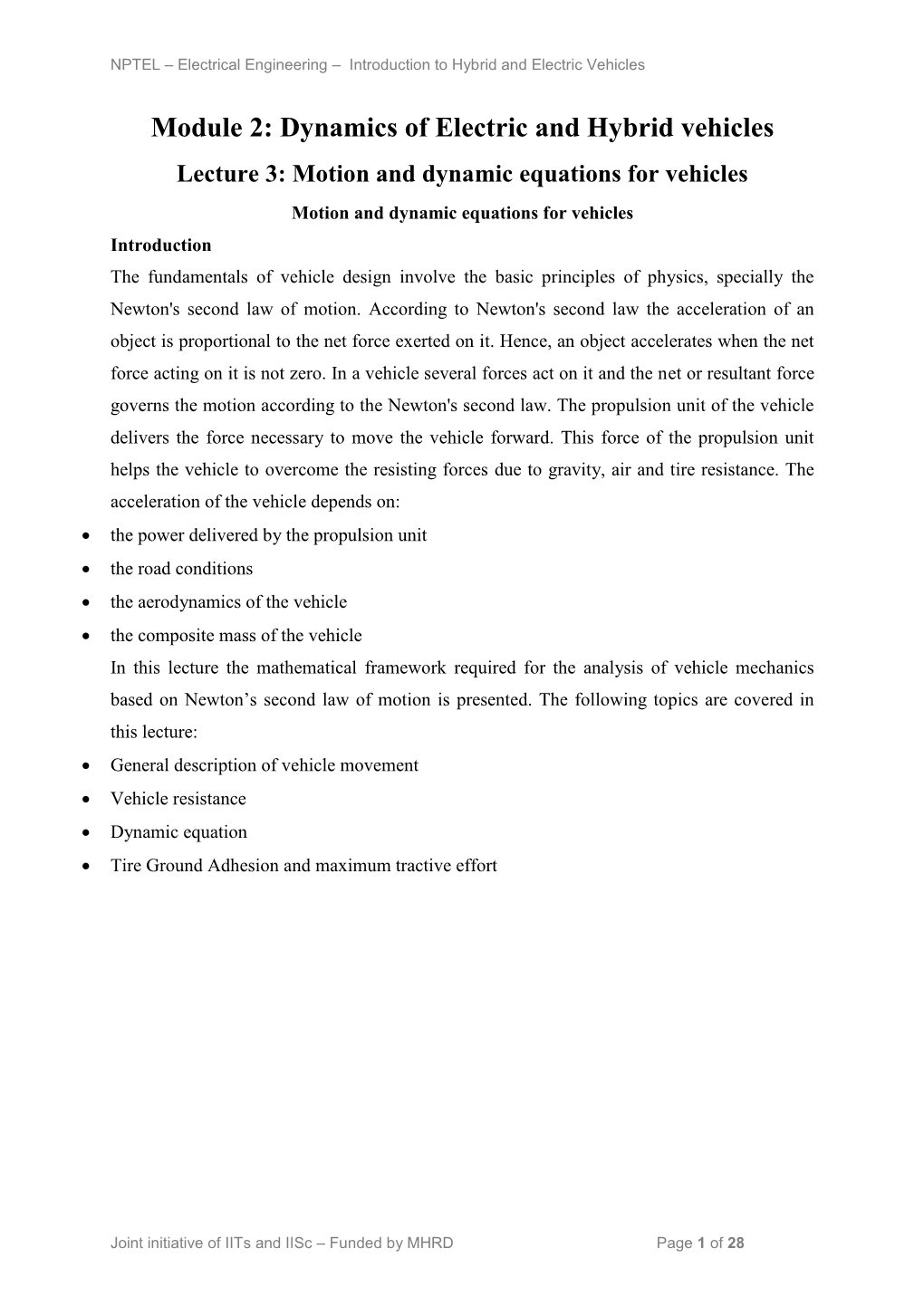 Module 2: Dynamics of Electric and Hybrid Vehicles