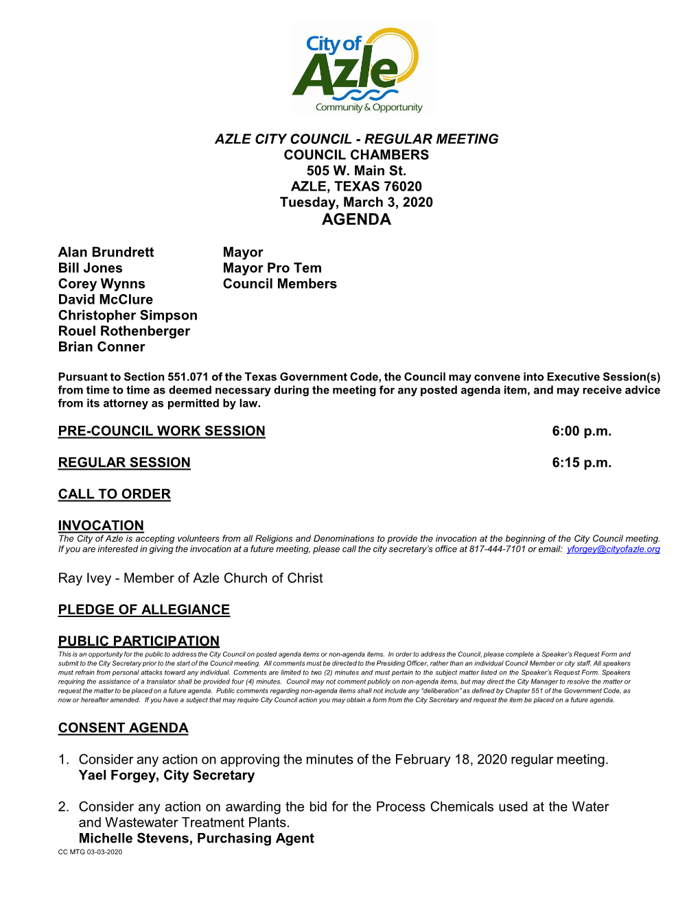 Regular Meeting of the Azle City Council