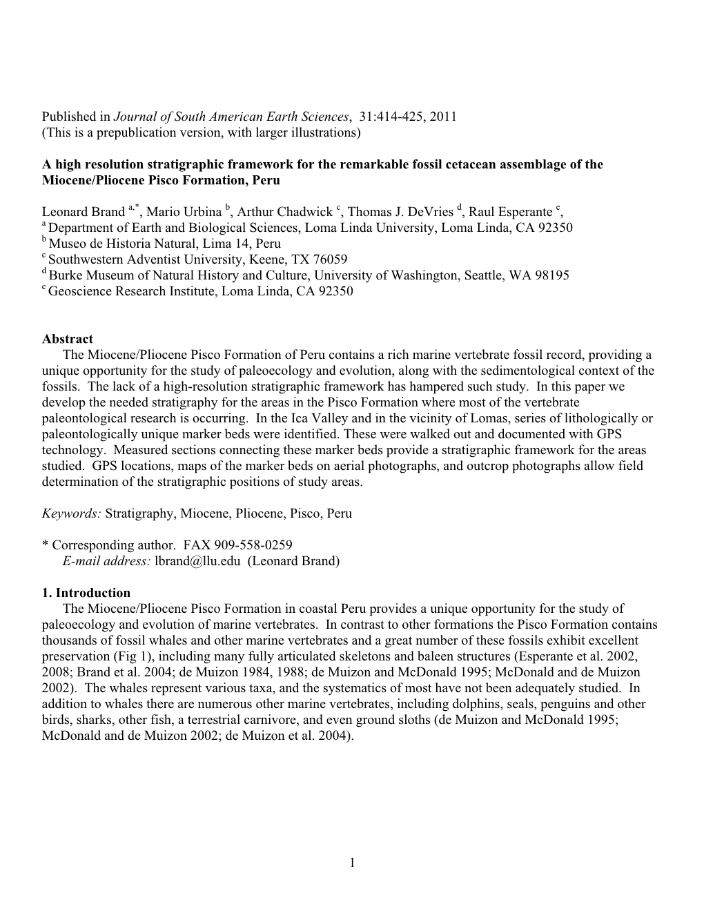 1 Published in Journal of South American Earth Sciences, 31:414