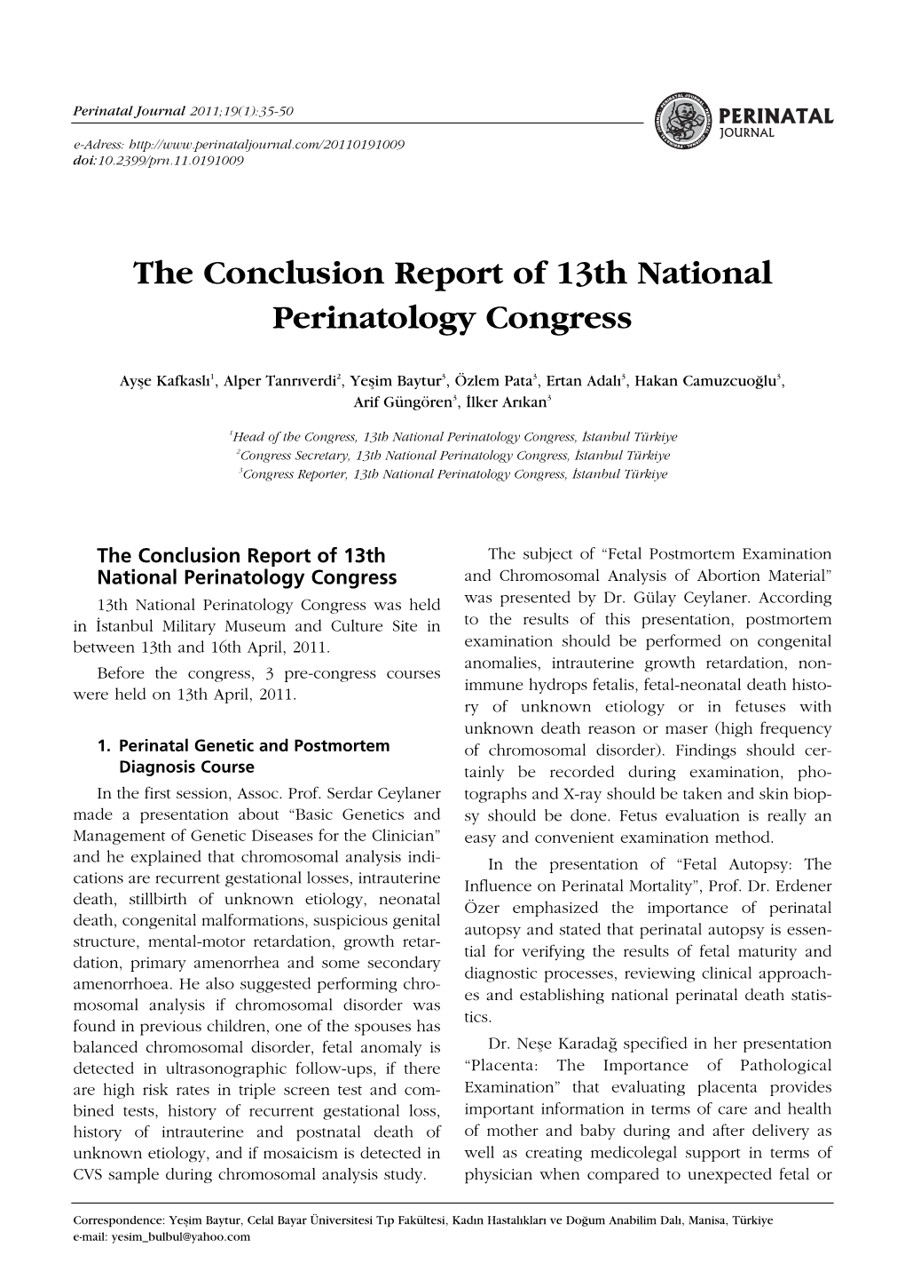 The Conclusion Report of 13Th National Perinatology Congress