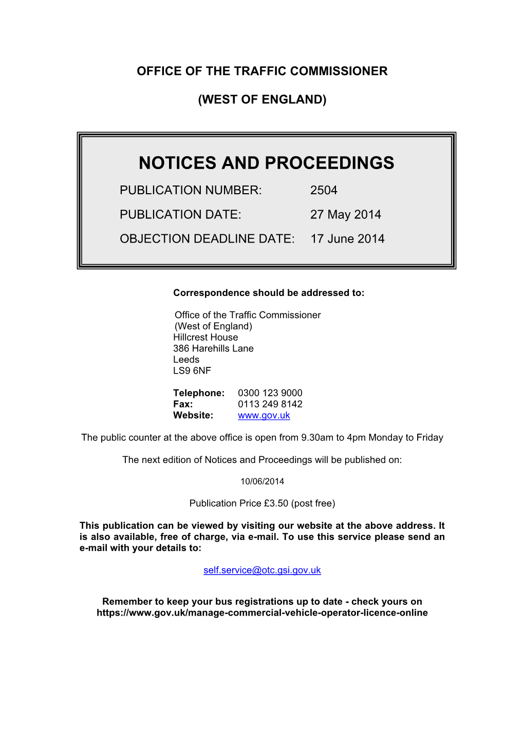 Notices and Proceedings: West of England: 27 May 2014