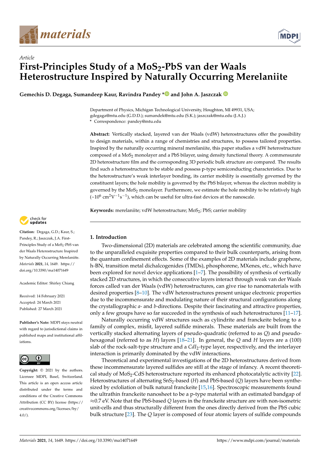 First-Principles Study of a Mos2-Pbs Van Der Waals Heterostructure Inspired by Naturally Occurring Merelaniite