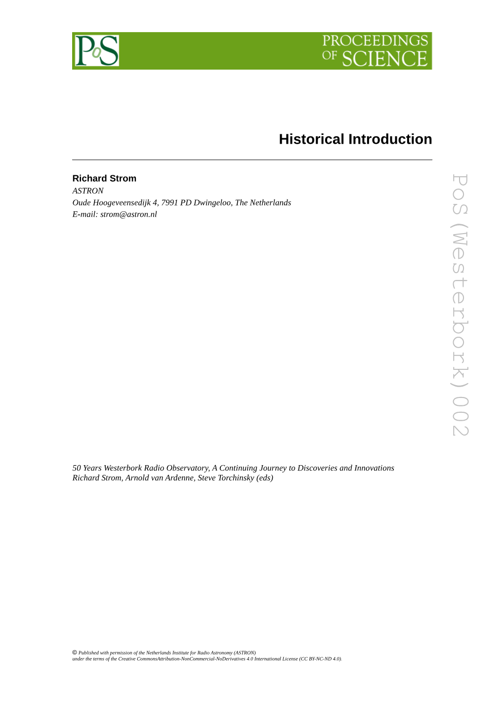 Pos(Westerbork)002 Historical Introduction Historical S 4.0 International License (CC BY-NC-ND 4.0)