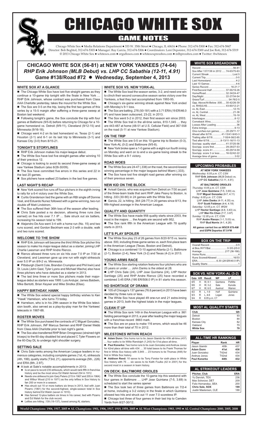 CHICAGO WHITE SOX GAME NOTES Chicago White Sox  Media Relations Departmentgame  333 W