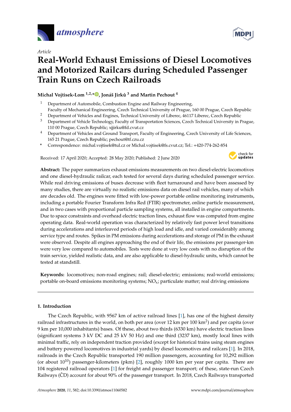 Real-World Exhaust Emissions of Diesel Locomotives and Motorized Railcars During Scheduled Passenger Train Runs on Czech Railroads