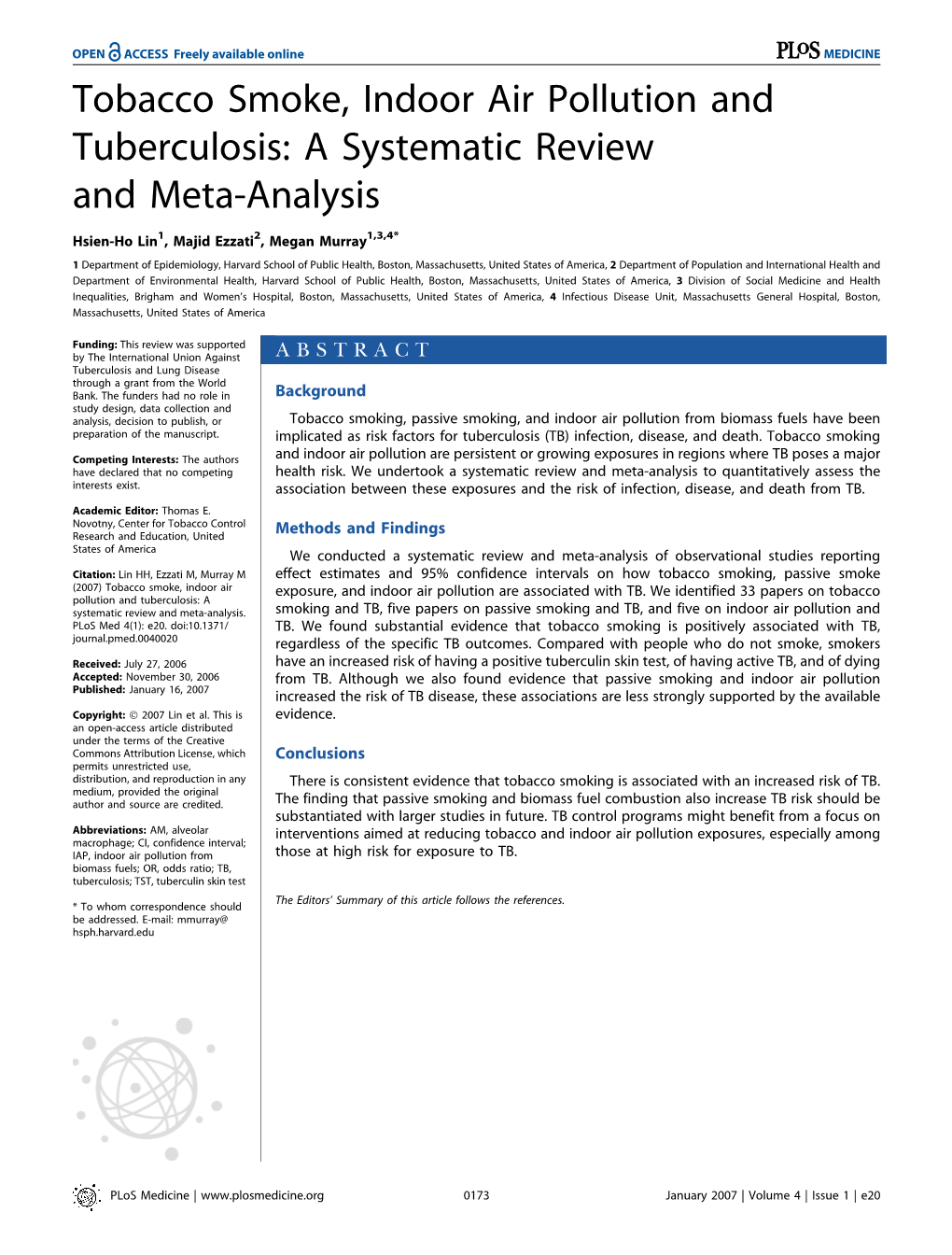 Tobacco Smoke, Indoor Air Pollution and Tuberculosis: a Systematic Review and Meta-Analysis