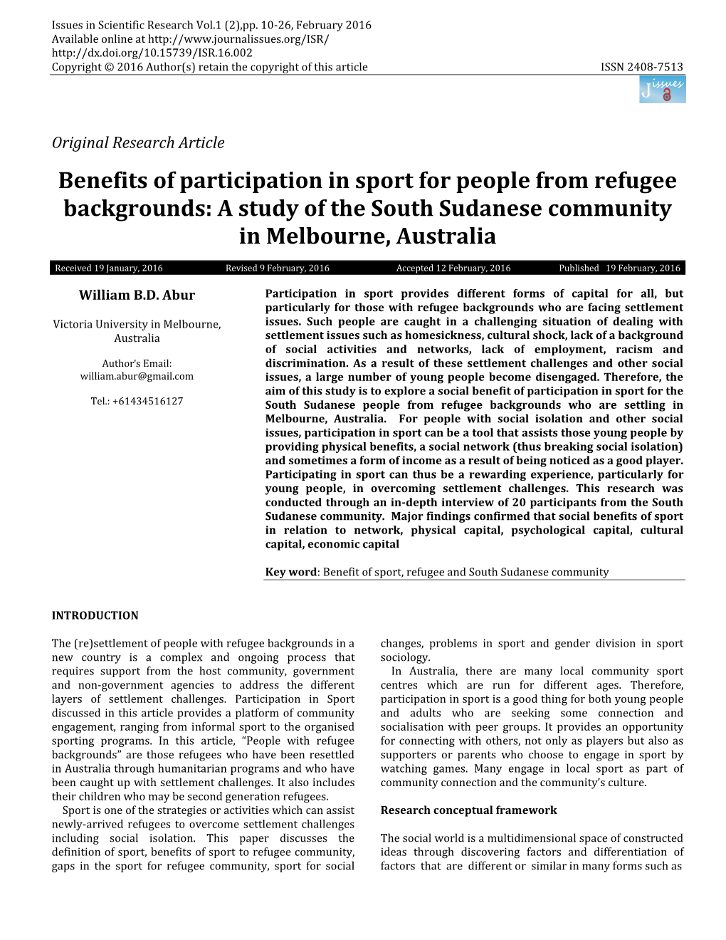 Benefits of Participation in Sport for People from Refugee Backgrounds: a Study of the South Sudanese Community in Melbourne, Australia