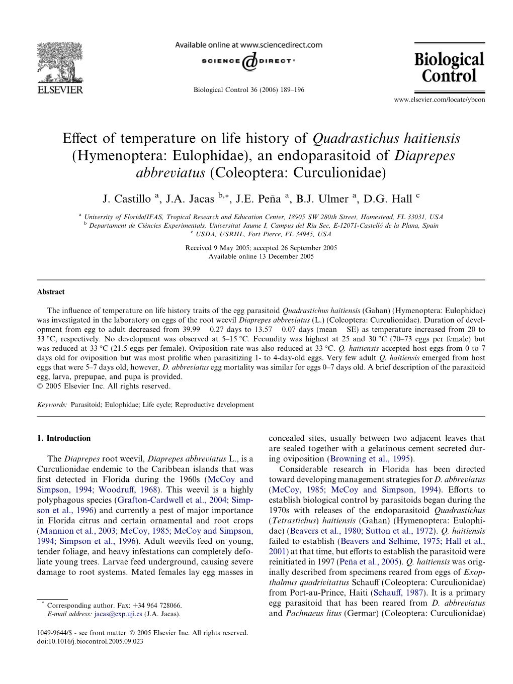 Effect of Temperature on Life History of Quadrastichus Haitiensis
