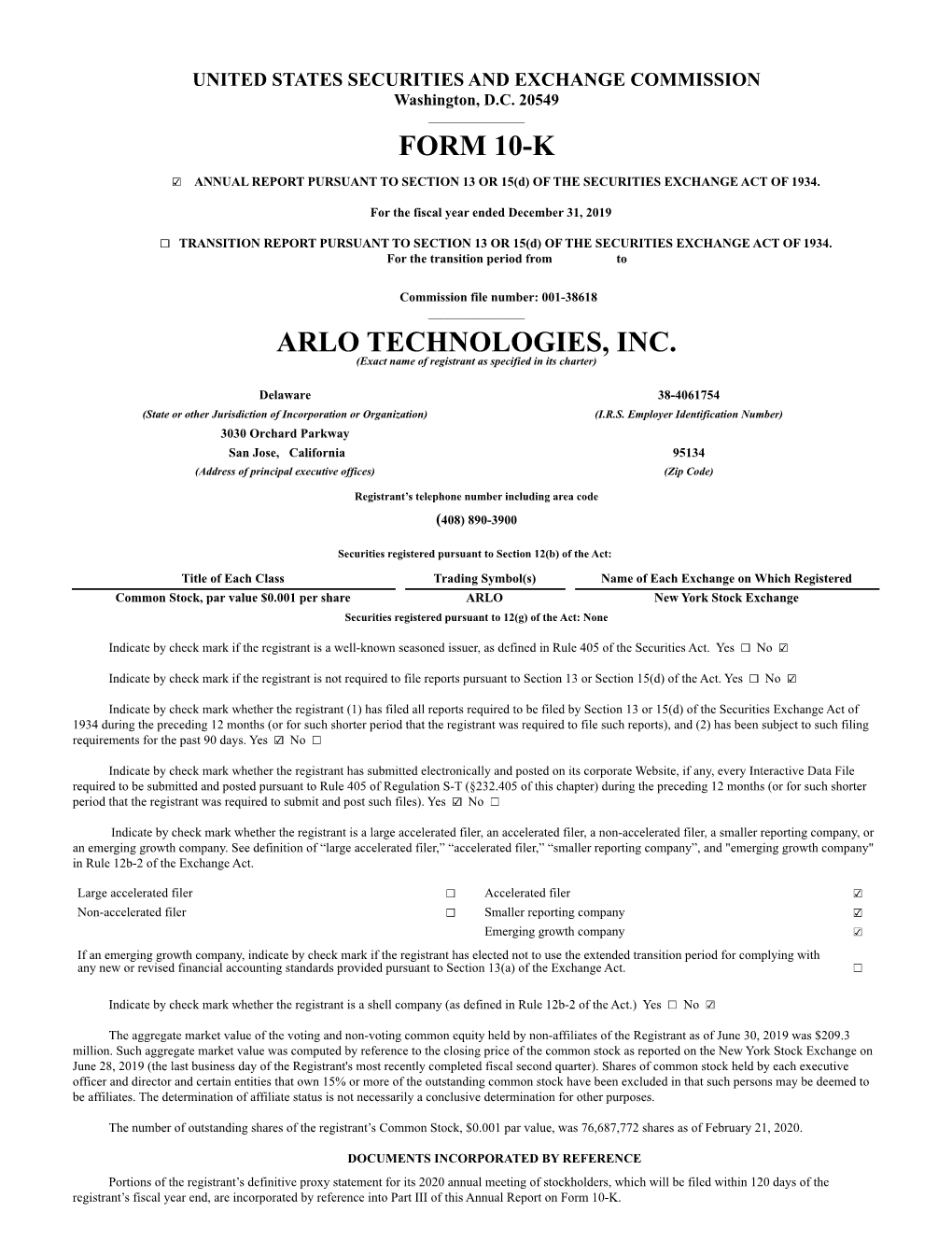 Arlo Technologies, Inc. 10K 2020 V1
