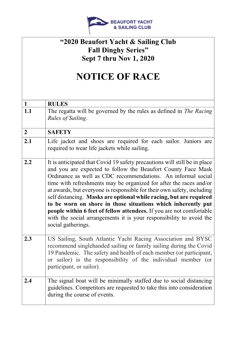 2020 Fall Dinghy Series Notice of Race
