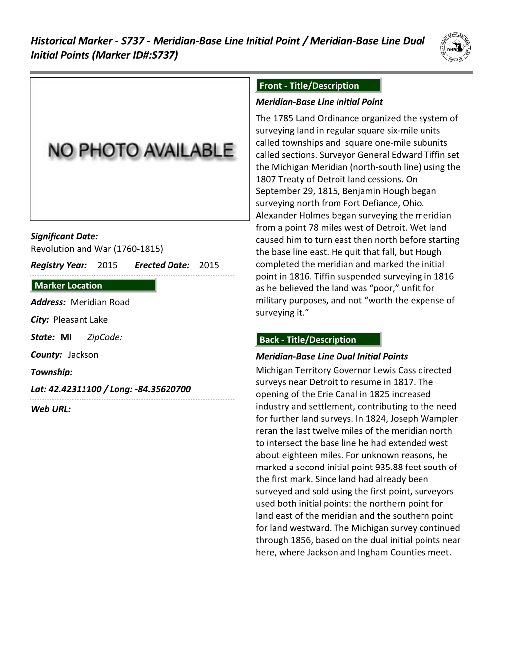 Historical Marker - S737 - Meridian-Base Line Initial Point / Meridian-Base Line Dual Initial Points (Marker ID#:S737)