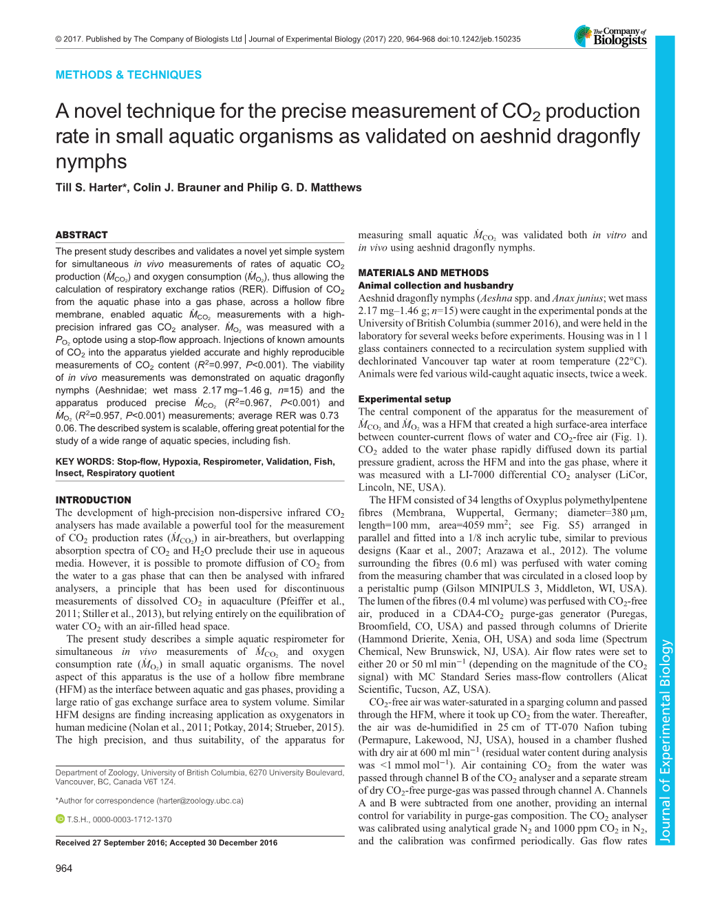 A Novel Technique for the Precise Measurement of CO2 Production Rate in Small Aquatic Organisms As Validated on Aeshnid Dragonfly Nymphs Till S