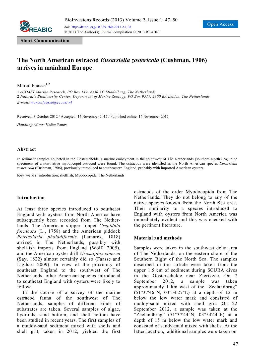 The North American Ostracod Eusarsiella Zostericola (Cushman, 1906) Arrives in Mainland Europe