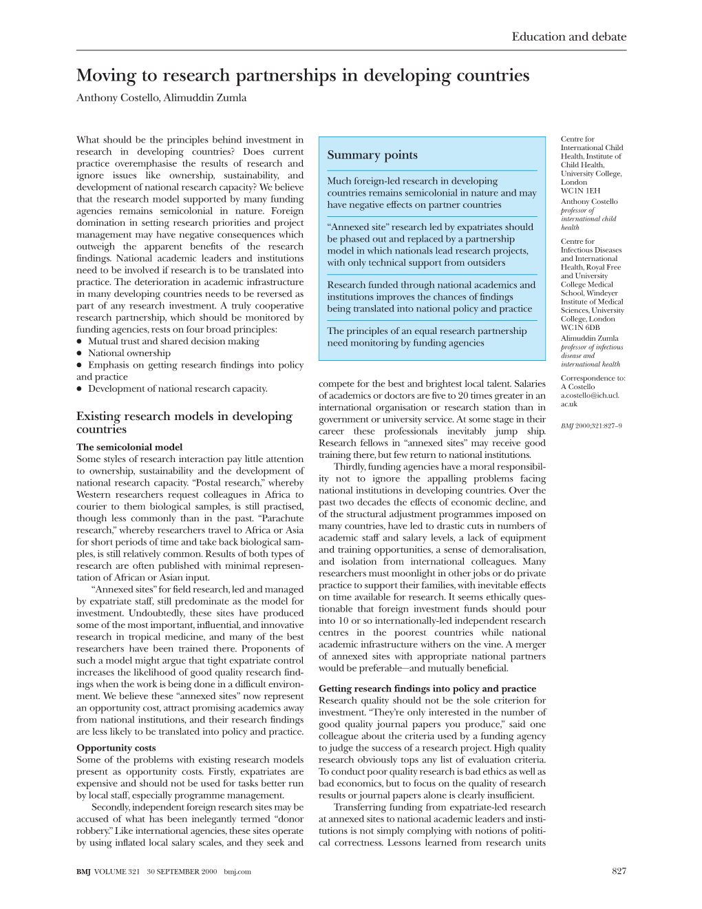 Moving to Research Partnerships in Developing Countries Anthony Costello, Alimuddin Zumla