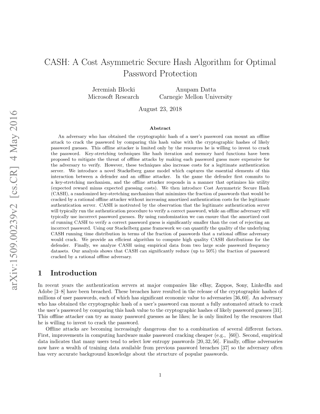 CASH: a Cost Asymmetric Secure Hash Algorithm for Optimal Password Protection