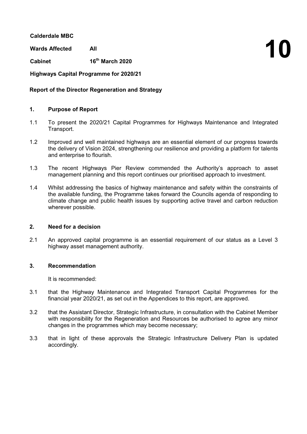 Highways Capital Programme for 2020/21