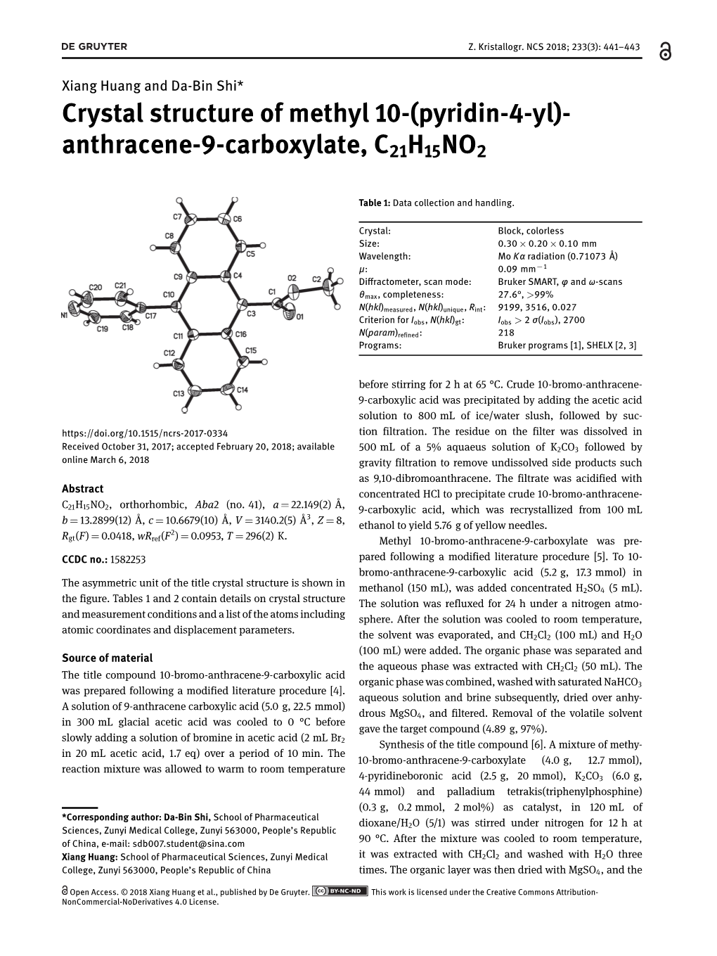 Crystal Structure of Methyl 10-(Pyridin-4-Yl)-Anthracene-9