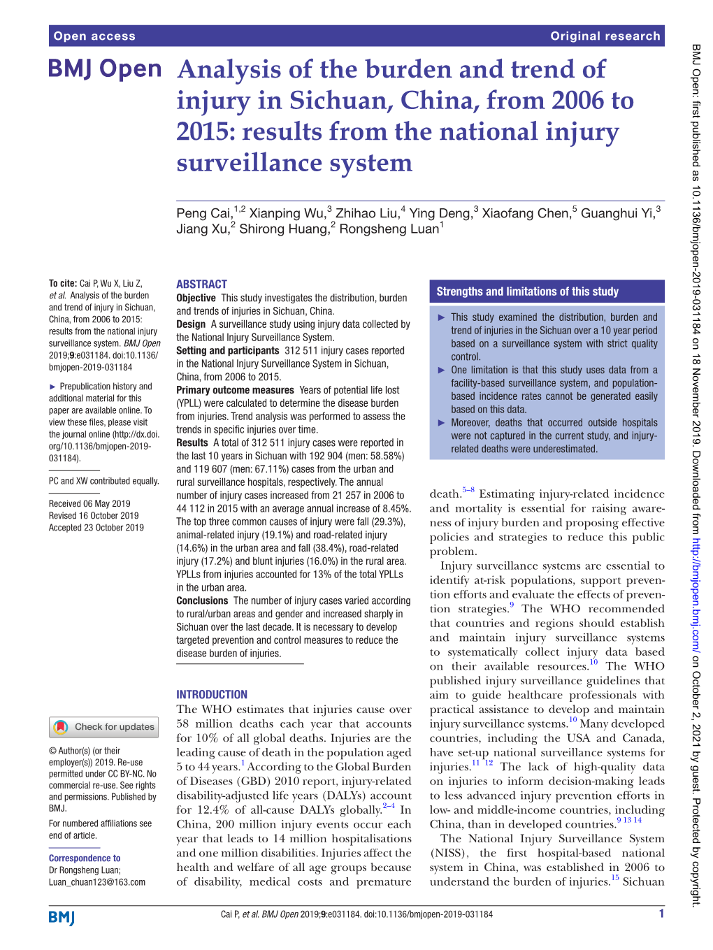 Analysis of the Burden and Trend of Injury in Sichuan, China, from 2006 to 2015: Results from the National Injury Surveillance System