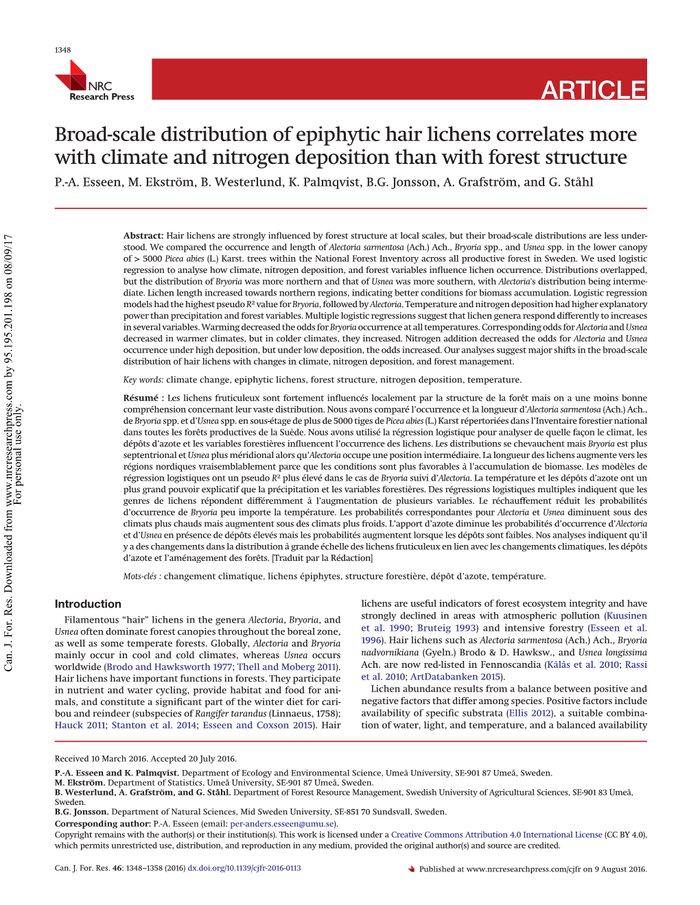 Broad-Scale Distribution of Epiphytic Hair Lichens Correlates More with Climate and Nitrogen Deposition Than with Forest Structure P.-A