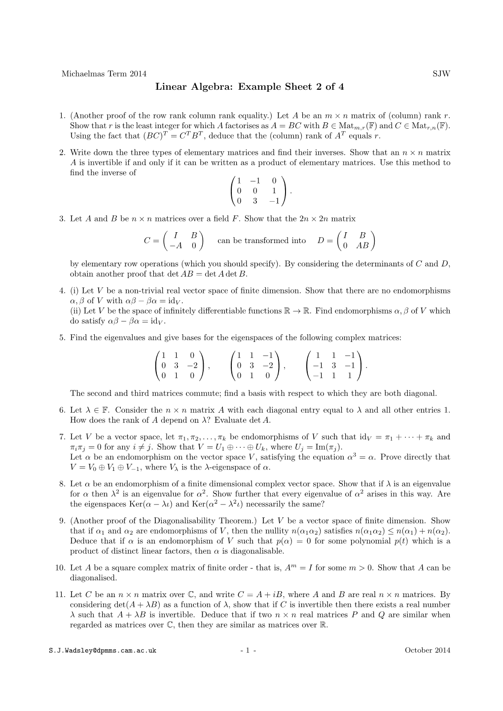 Linear Algebra: Example Sheet 2 of 4