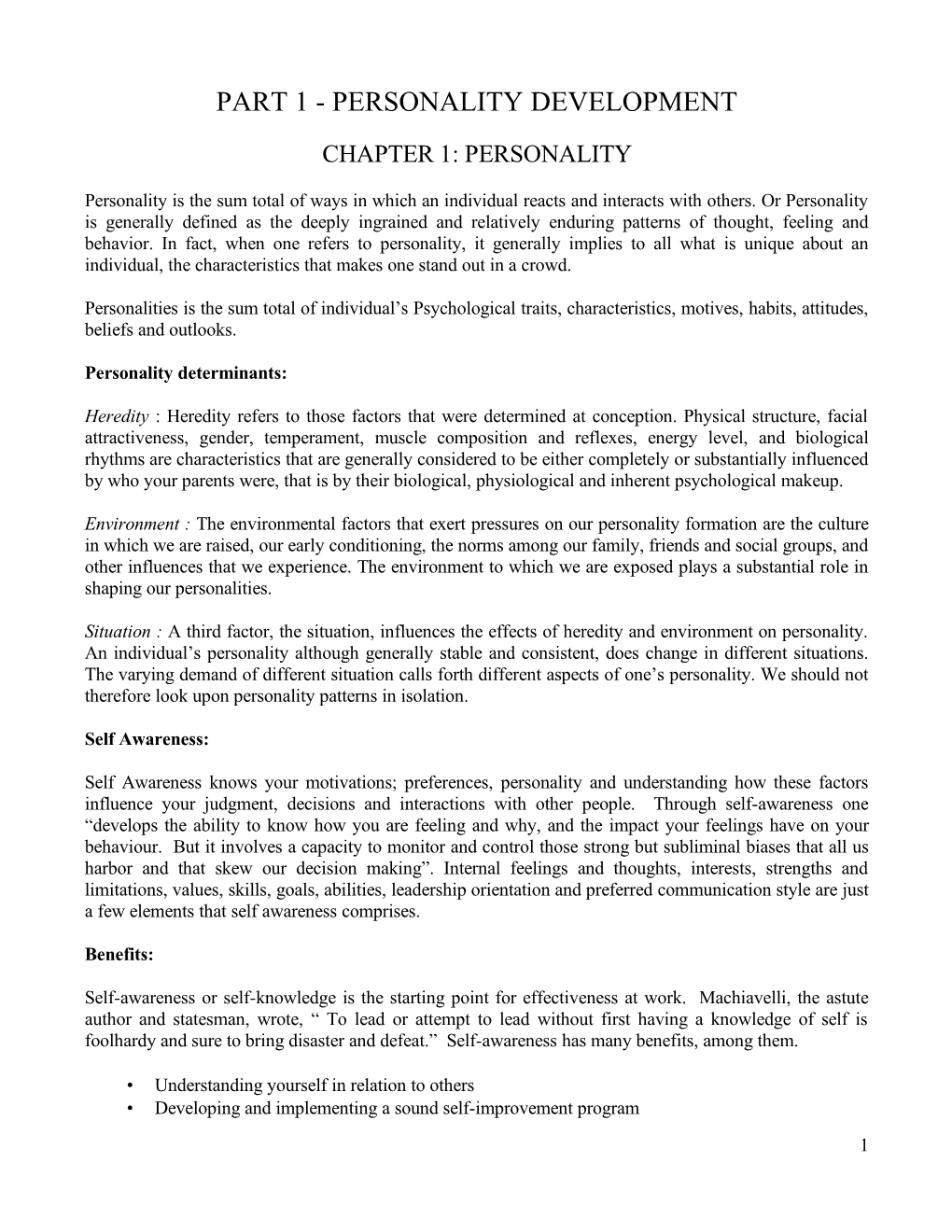 Part 1 - Personality Development