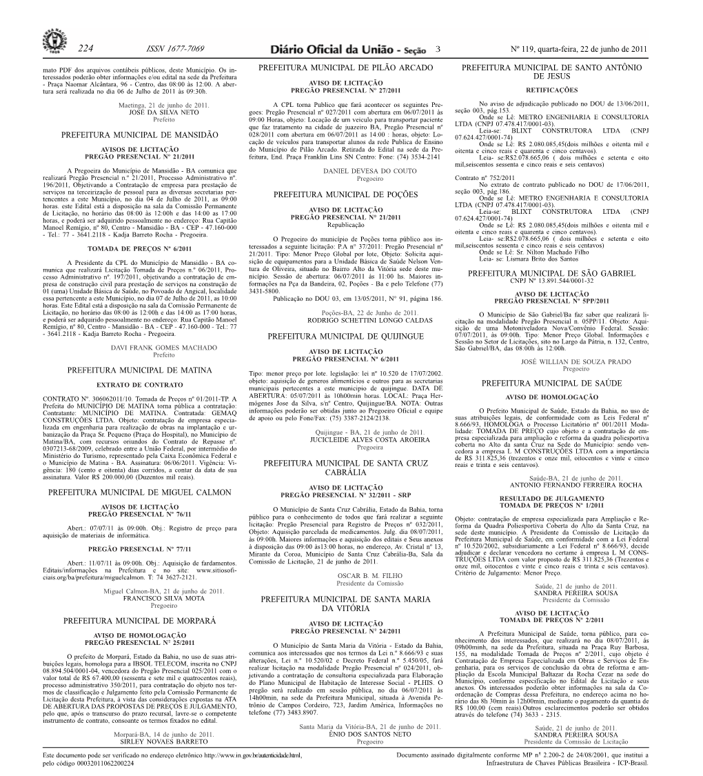 ISSN 1677-7069 3 Nº 119, Quarta-Feira, 22 De Junho De 2011 Mato PDF Dos Arquivos Contábeis Públicos, Deste Município