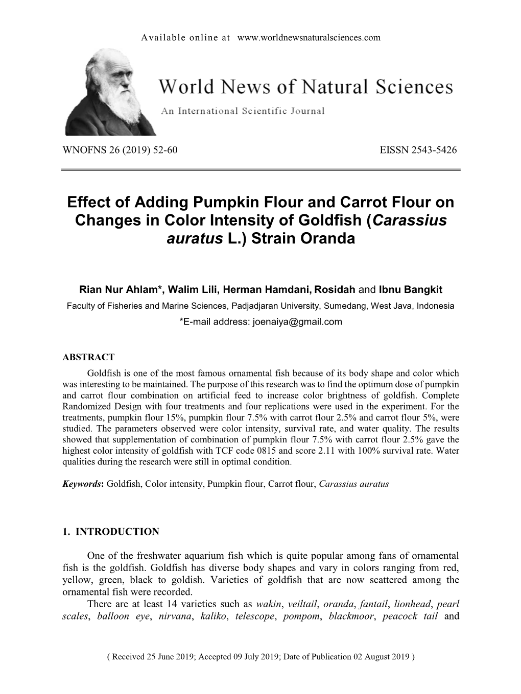 Effect of Adding Pumpkin Flour and Carrot Flour on Changes in Color Intensity of Goldfish (Carassius Auratus L.) Strain Oranda