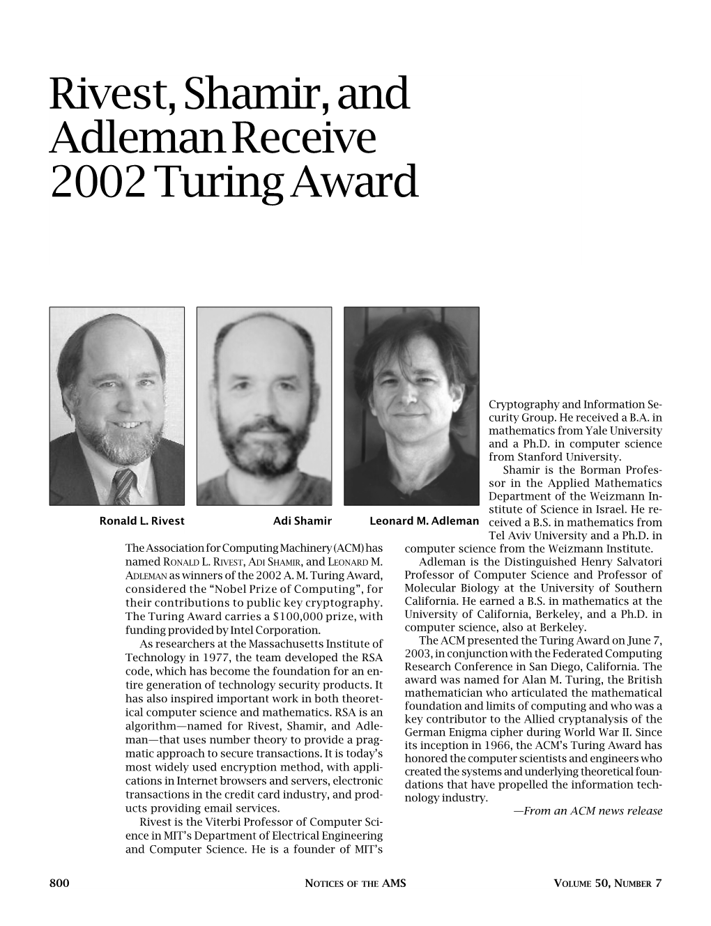 Rivest, Shamir, and Adleman Receive 2002 Turing Award, Volume 50