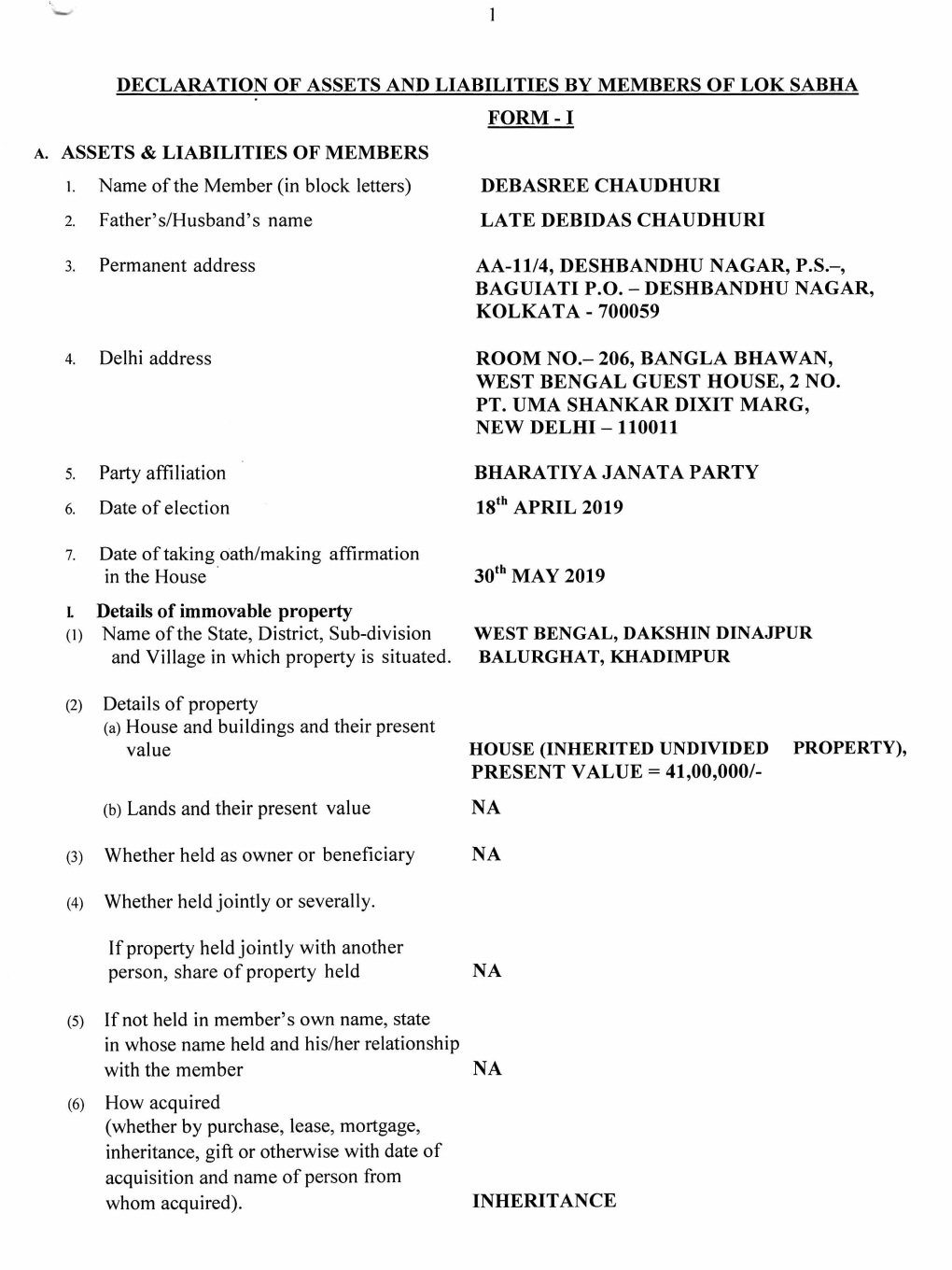 I A. ASSETS & LIABILITIES of MEMBERS 1. Name Of