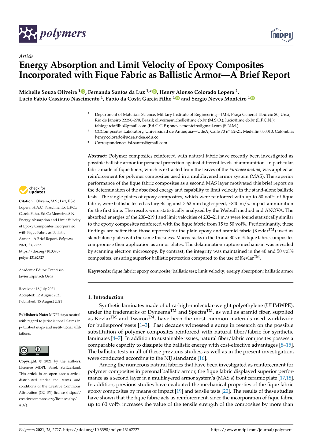 Energy Absorption and Limit Velocity of Epoxy Composites Incorporated with Fique Fabric As Ballistic Armor—A Brief Report