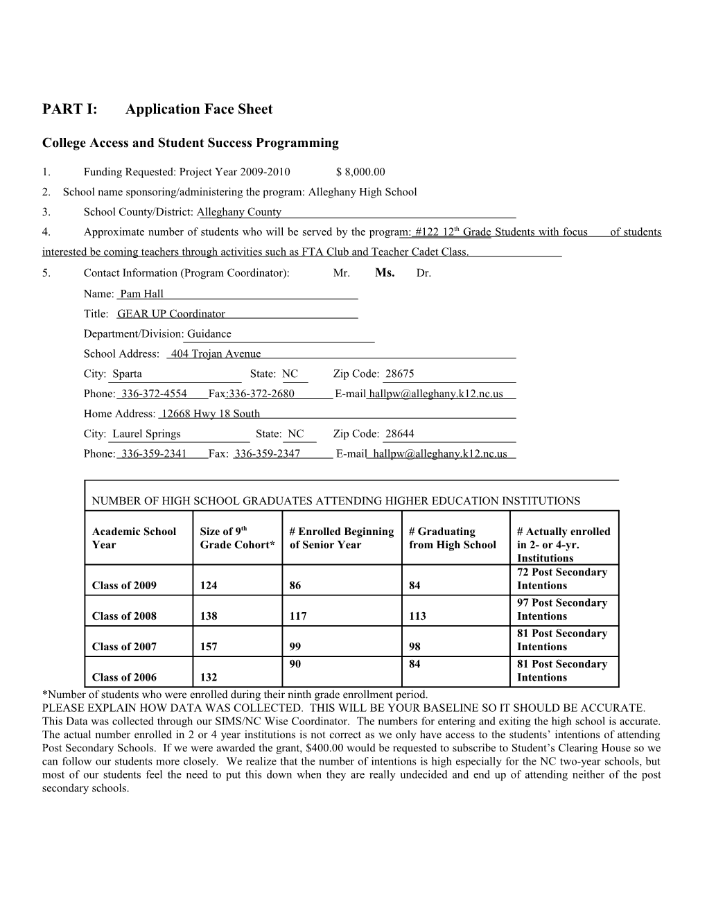 PART I: Application Face Sheet