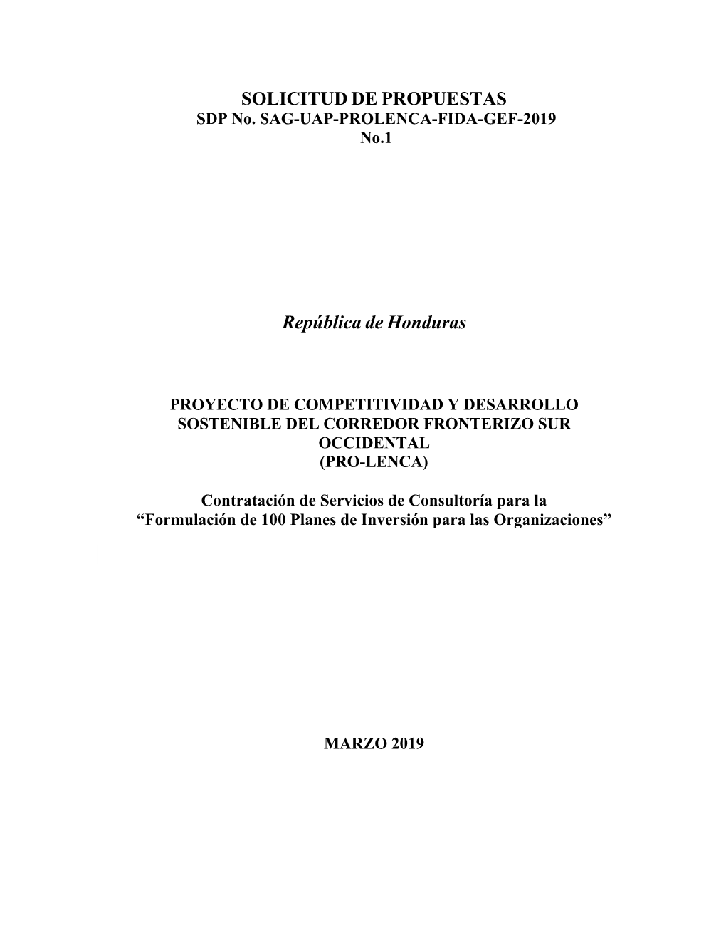 SOLICITUD DE PROPUESTAS República De Honduras