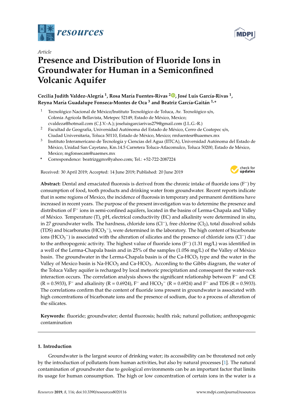 Presence and Distribution of Fluoride Ions in Groundwater for Human in a Semiconﬁned Volcanic Aquifer