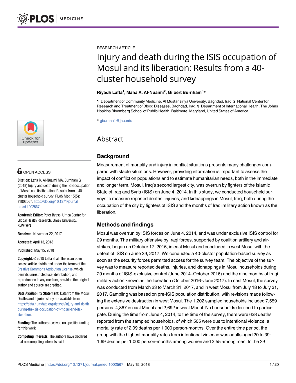 Injury and Death During the ISIS Occupation of Mosul and Its Liberation: Results from a 40- Cluster Household Survey