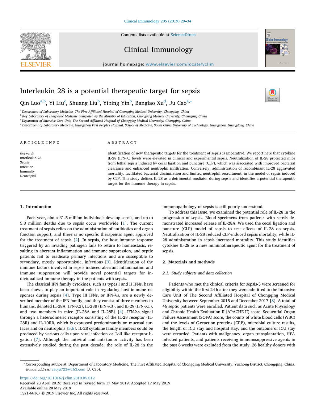 Interleukin 28 Is a Potential Therapeutic Target for Sepsis