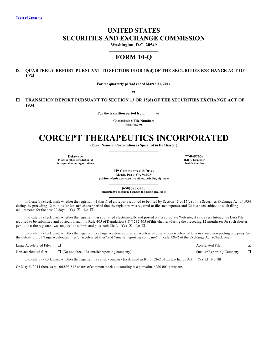 CORCEPT THERAPEUTICS INCORPORATED (Exact Name of Corporation As Specified in Its Charter)