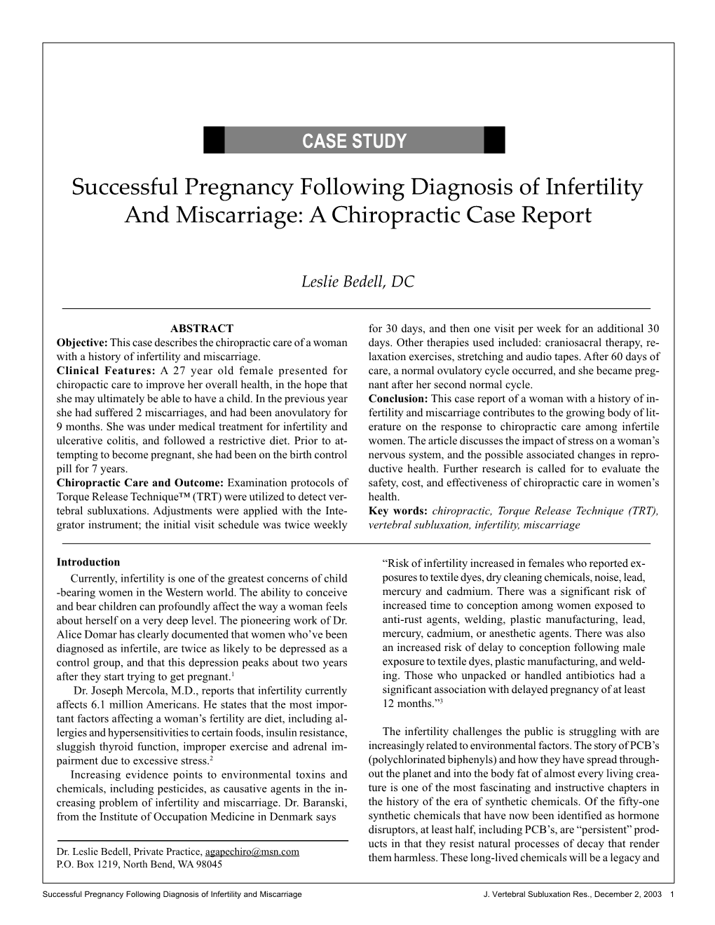 Successful Pregnancy Following Diagnosis of Infertility and Miscarriage: a Chiropractic Case Report