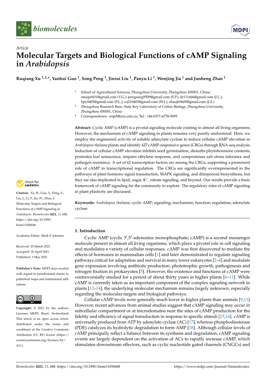 Molecular Targets and Biological Functions of Camp Signaling in Arabidopsis