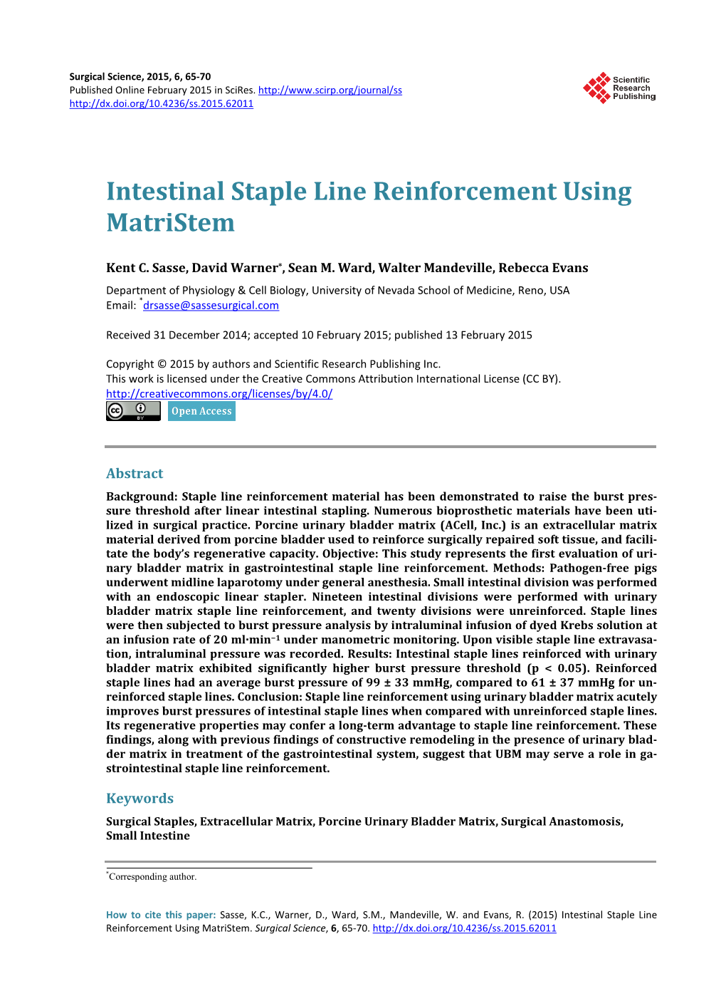 Intestinal Staple Line Reinforcement Using Matristem